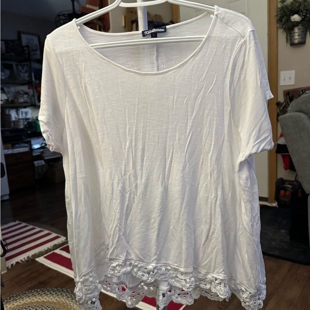 Freshman White Short Sleeve Top with Lace Detail